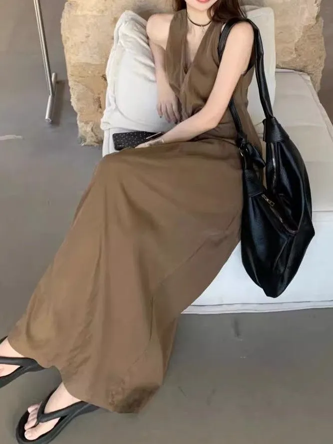 Brown Sleeveless Front Knot Flared Dress