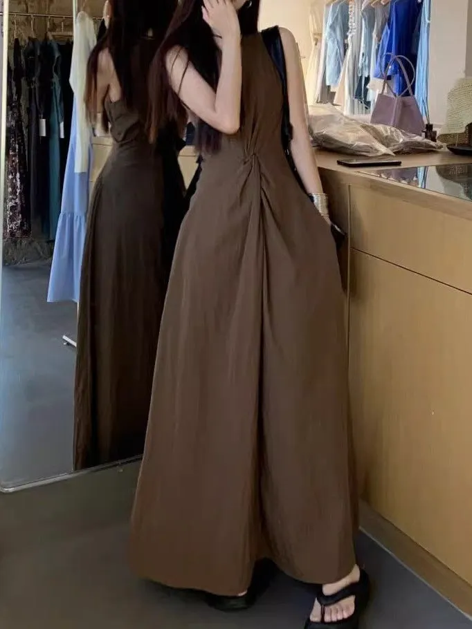 Brown Sleeveless Front Knot Flared Dress