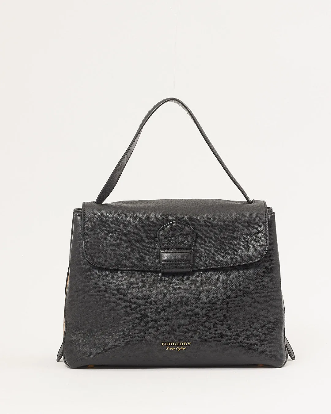 Burberry Black Leather House Check Trimmed Top Handle Bag