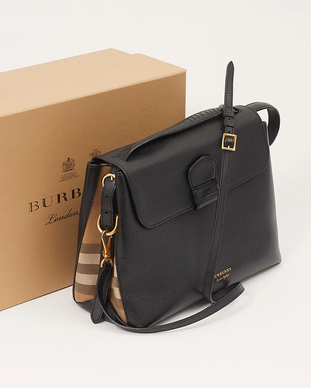 Burberry Black Leather House Check Trimmed Top Handle Bag