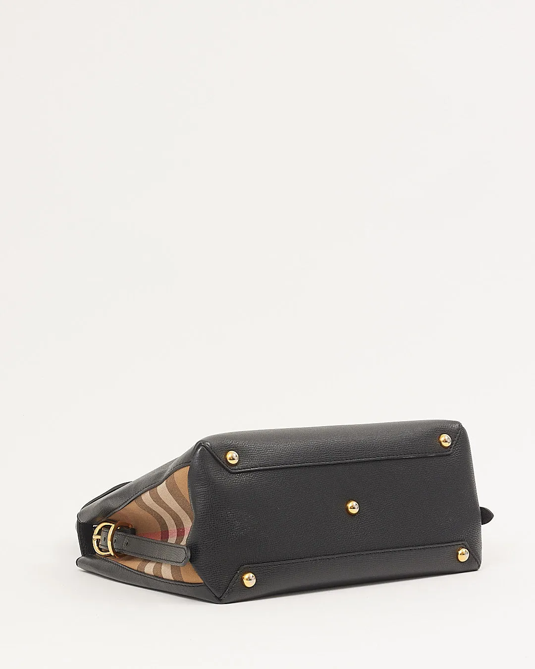 Burberry Black Leather House Check Trimmed Top Handle Bag