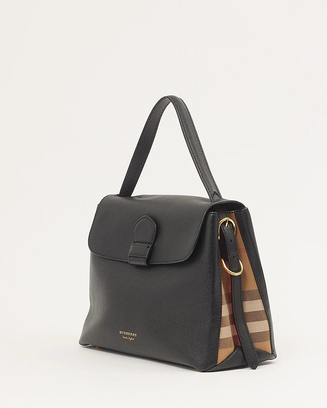 Burberry Black Leather House Check Trimmed Top Handle Bag