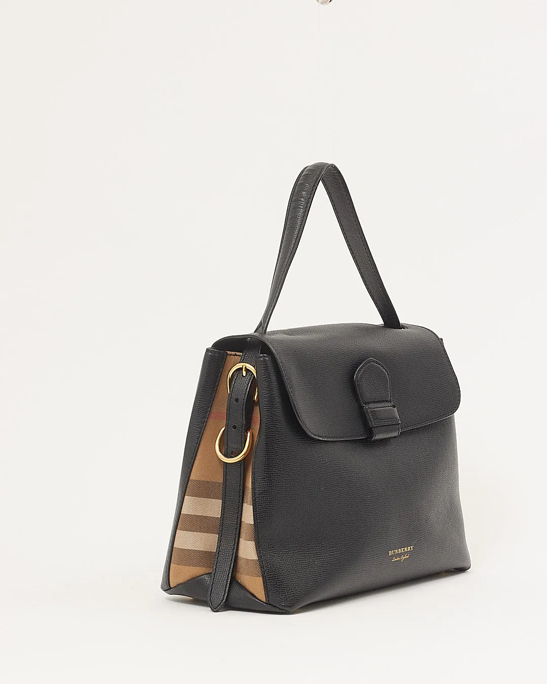 Burberry Black Leather House Check Trimmed Top Handle Bag
