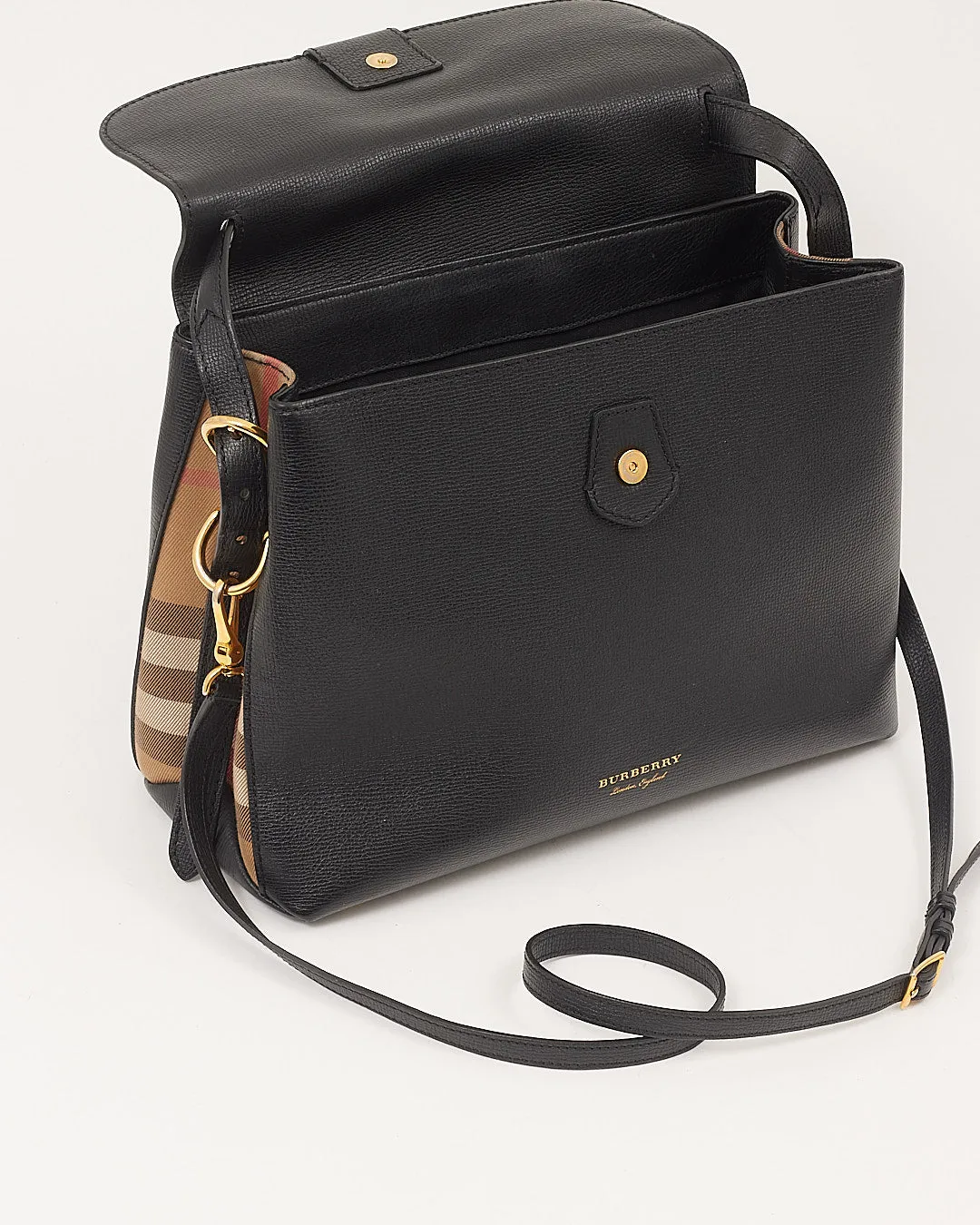Burberry Black Leather House Check Trimmed Top Handle Bag