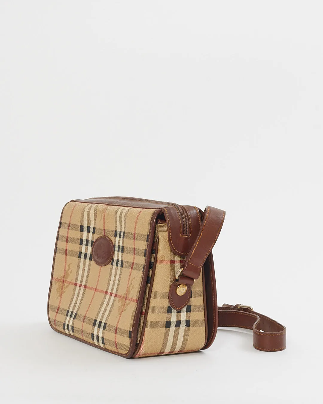 Burberry Vintage Beige Haymarket Check Print Leather Crossbody Bag