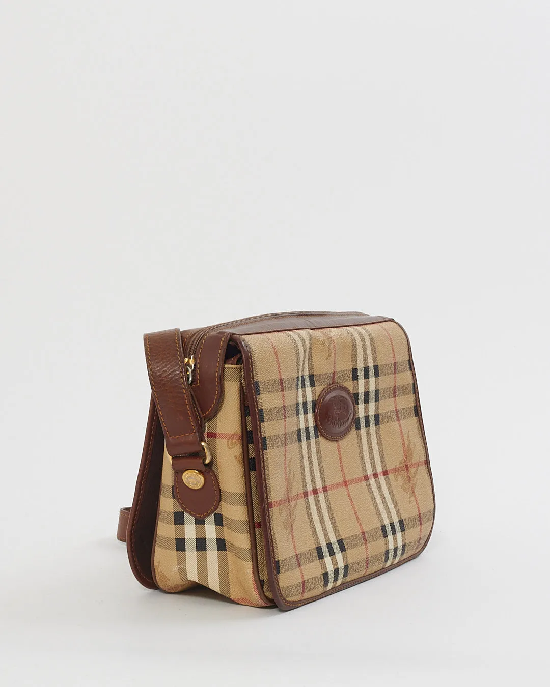 Burberry Vintage Beige Haymarket Check Print Leather Crossbody Bag