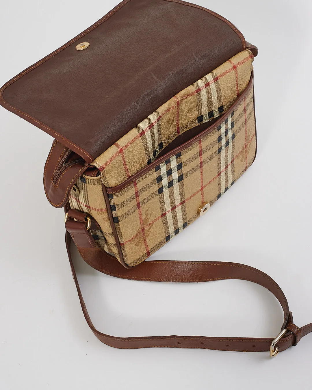 Burberry Vintage Beige Haymarket Check Print Leather Crossbody Bag