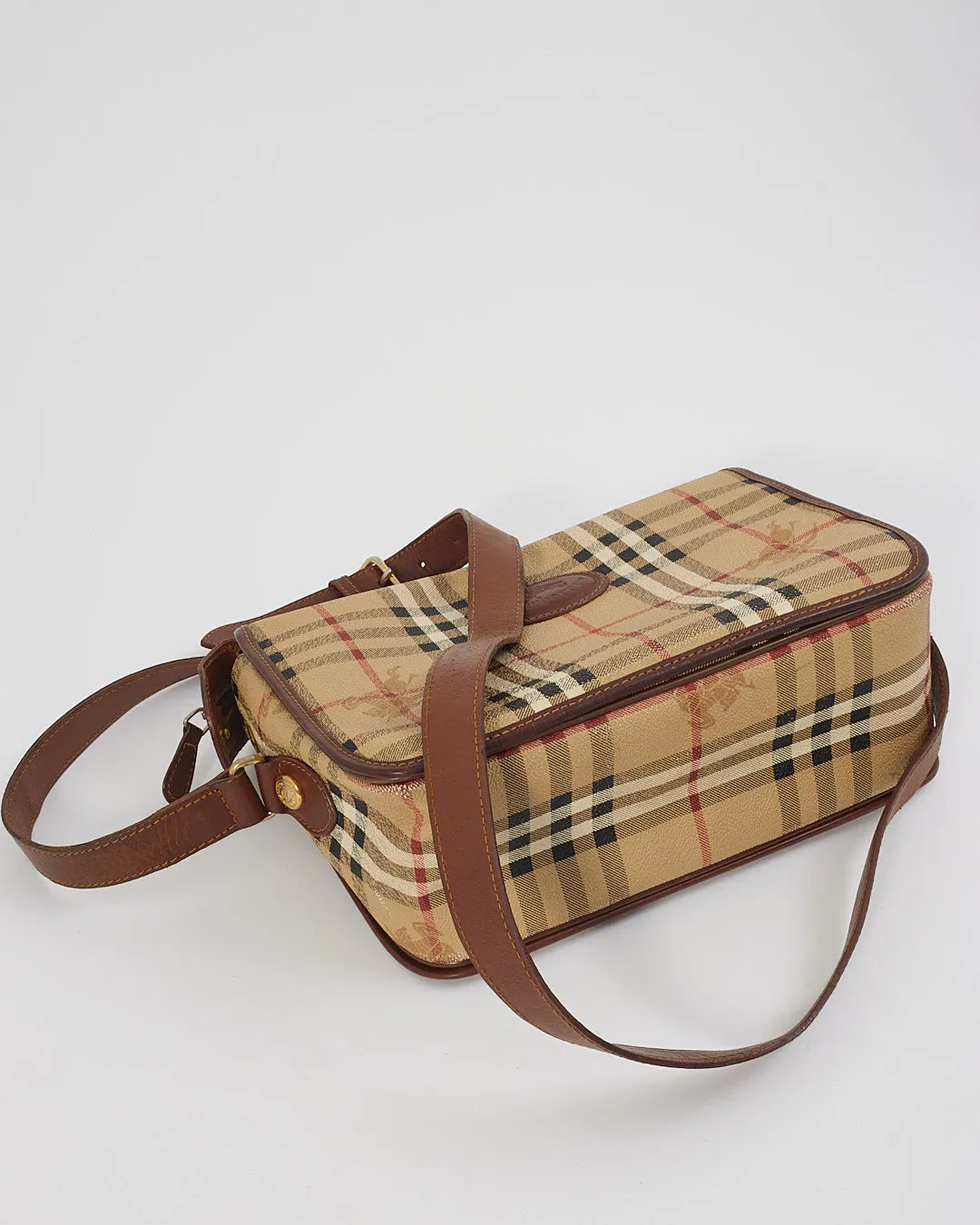 Burberry Vintage Beige Haymarket Check Print Leather Crossbody Bag