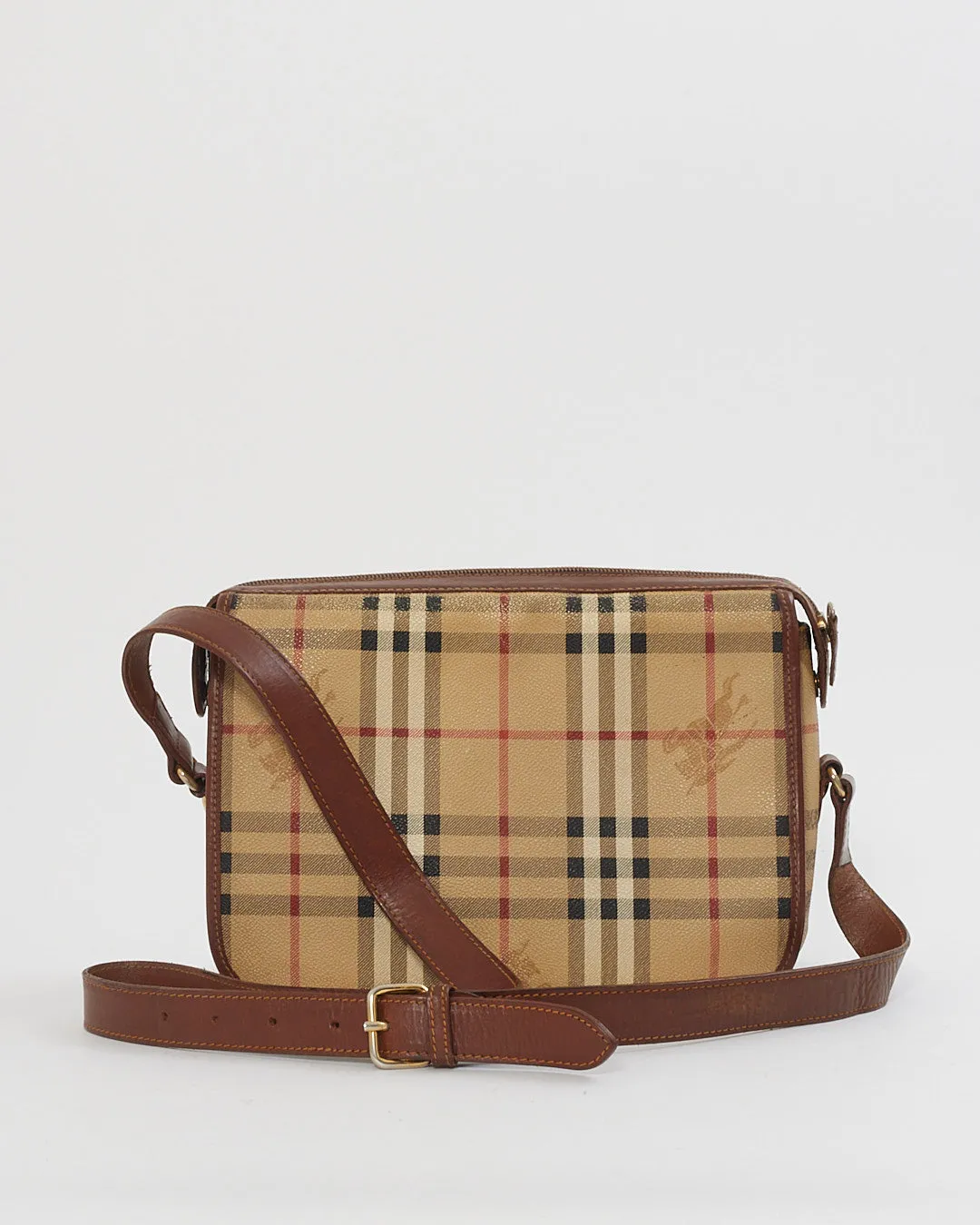 Burberry Vintage Beige Haymarket Check Print Leather Crossbody Bag