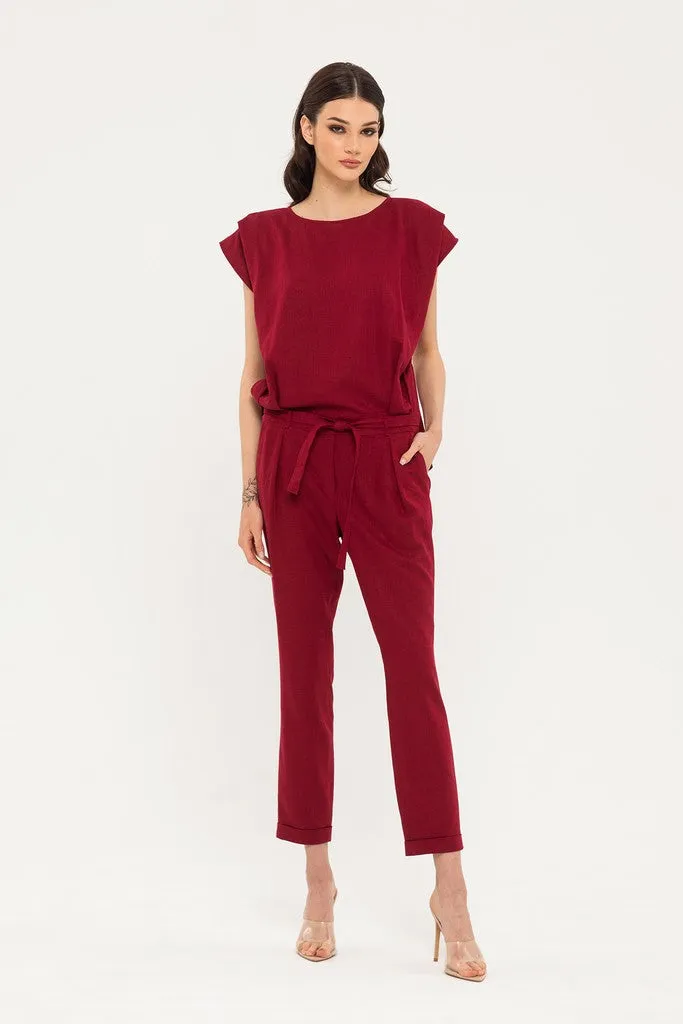 Burgundy Day Boatneck Sleeveless Jumpsuit with Belt