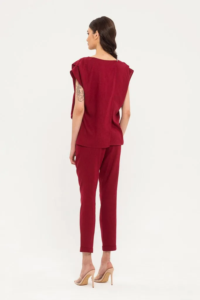Burgundy Day Boatneck Sleeveless Jumpsuit with Belt