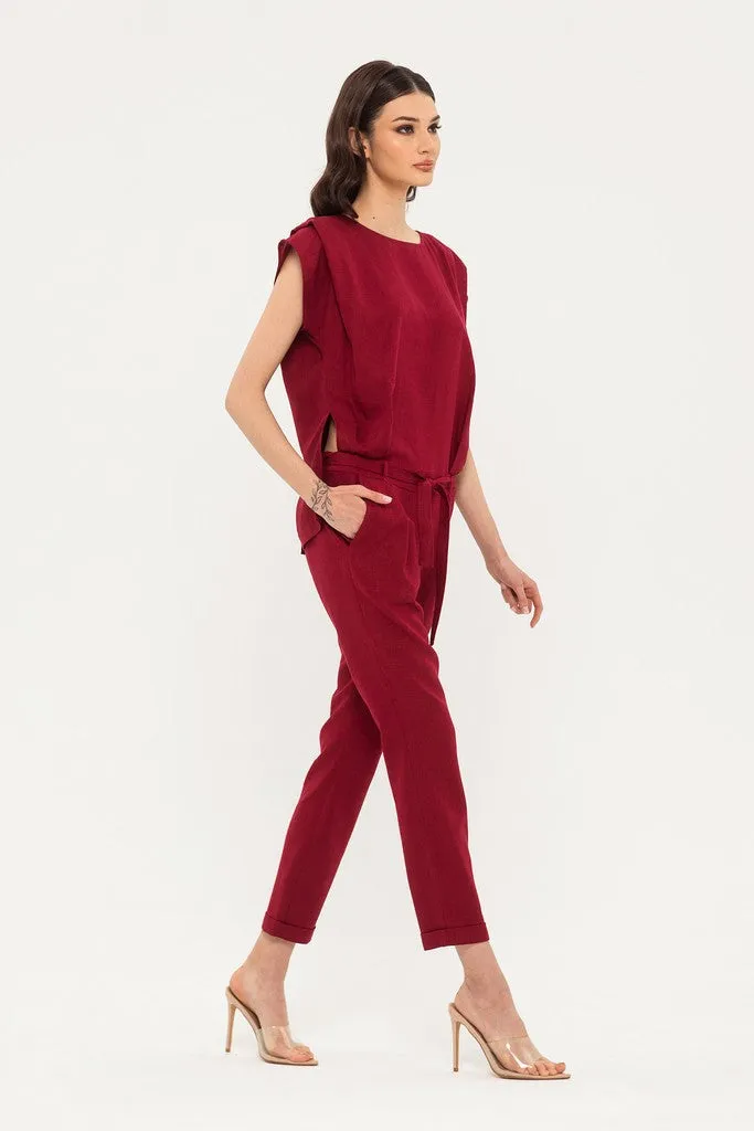 Burgundy Day Boatneck Sleeveless Jumpsuit with Belt