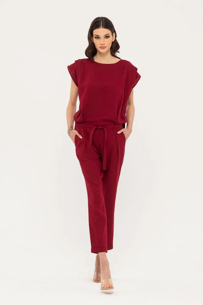 Burgundy Day Boatneck Sleeveless Jumpsuit with Belt