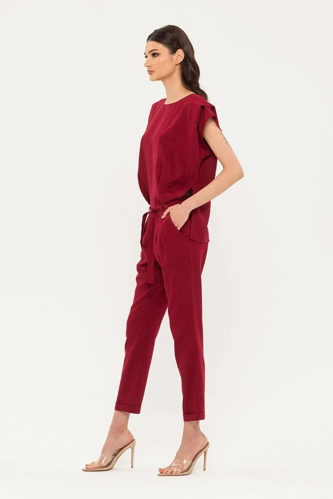 Burgundy Day Boatneck Sleeveless Jumpsuit with Belt