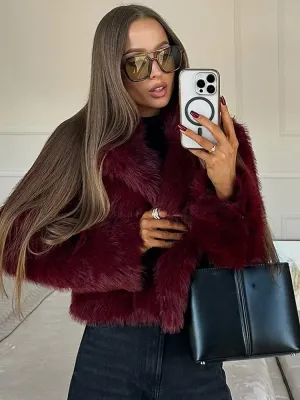 Burgundy Faux Fur Coat Vintage Long Sleeve Furry Warm Jackets