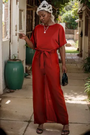 burning red belted wide leg jumpsuit