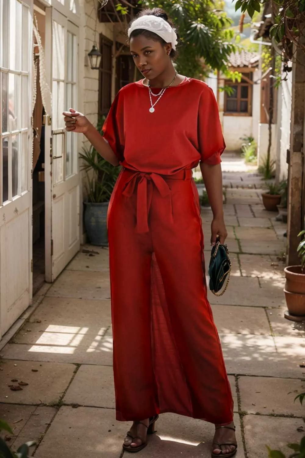 burning red belted wide leg jumpsuit