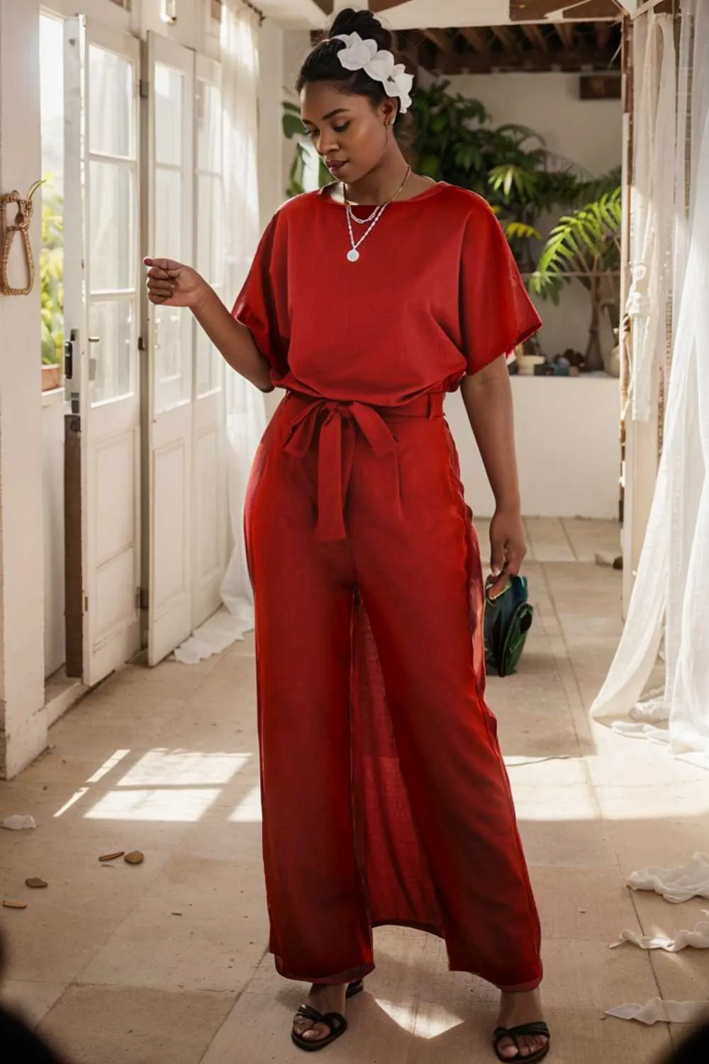 burning red belted wide leg jumpsuit