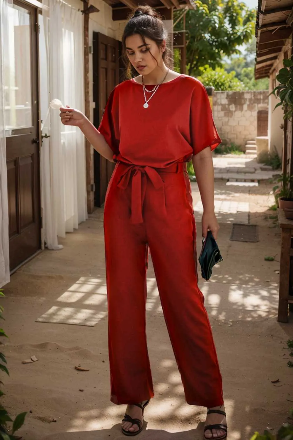 burning red belted wide leg jumpsuit