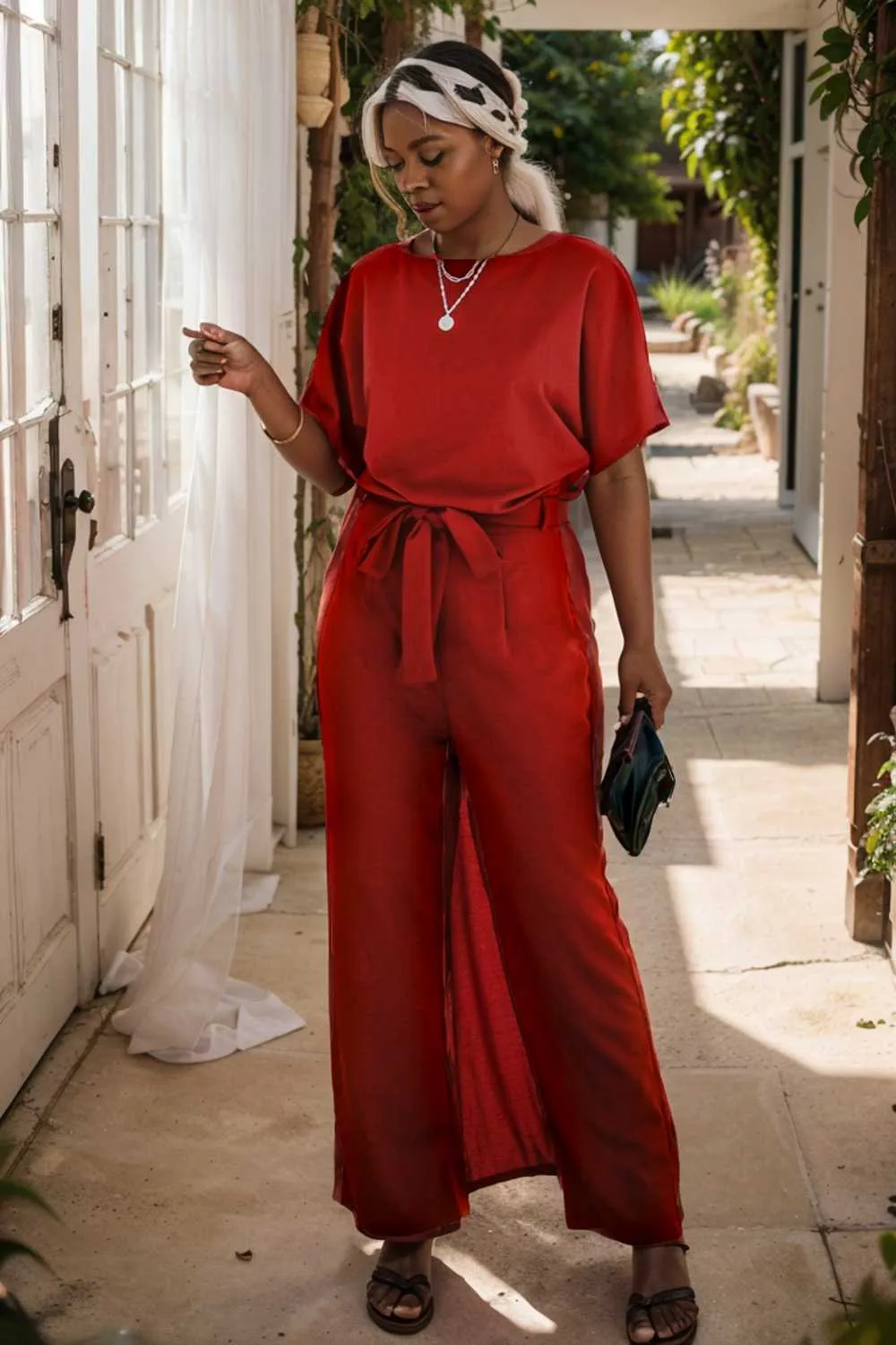 burning red belted wide leg jumpsuit
