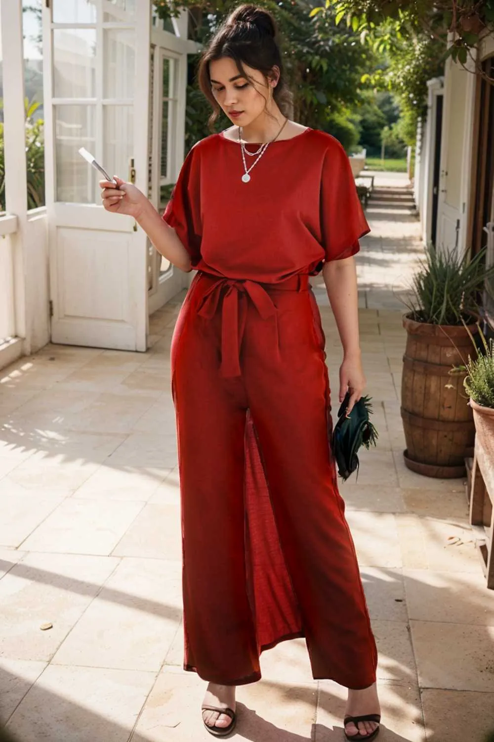 burning red belted wide leg jumpsuit