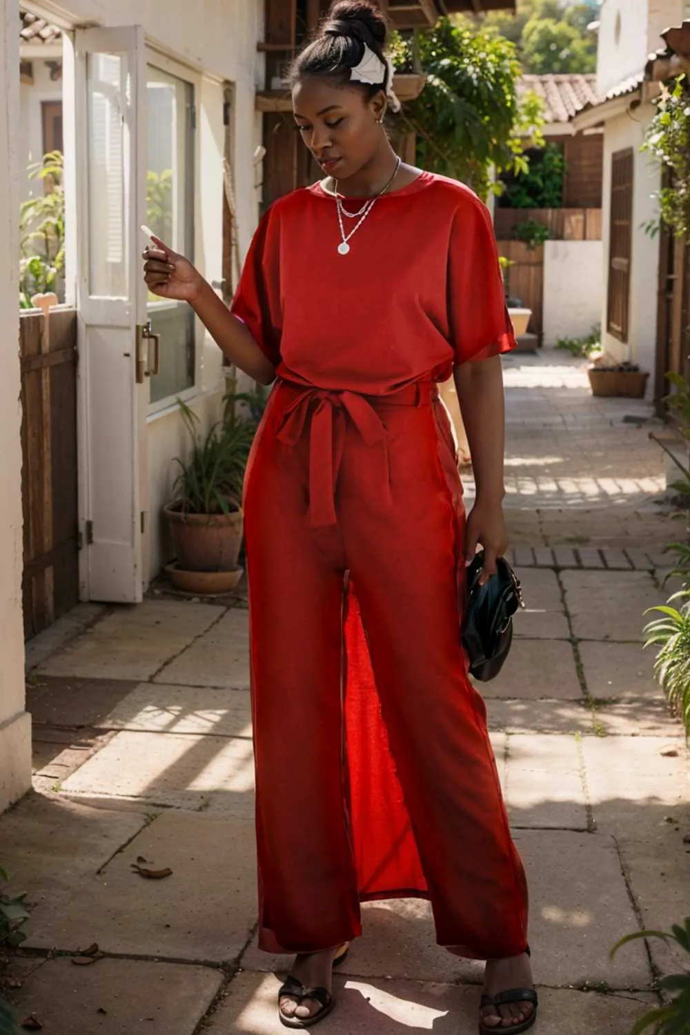 burning red belted wide leg jumpsuit
