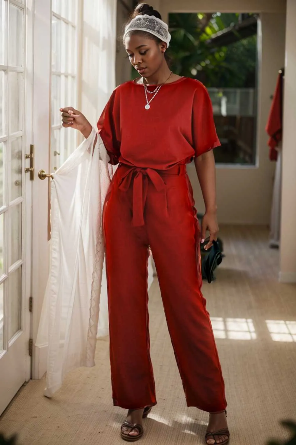 burning red belted wide leg jumpsuit