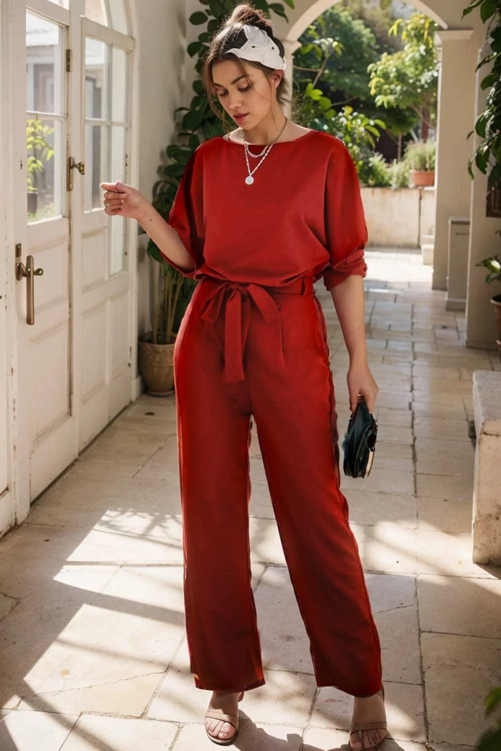 burning red belted wide leg jumpsuit