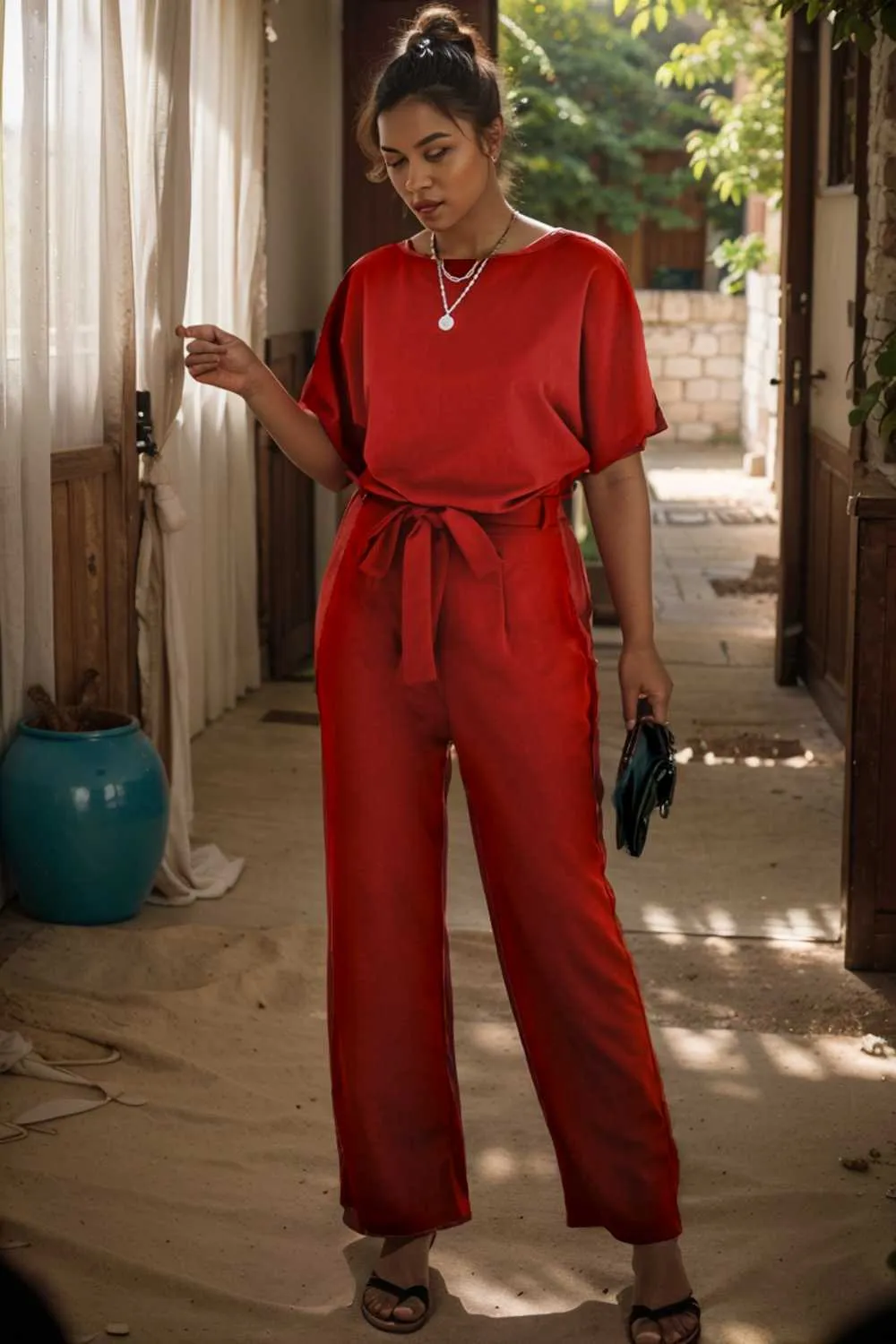 burning red belted wide leg jumpsuit