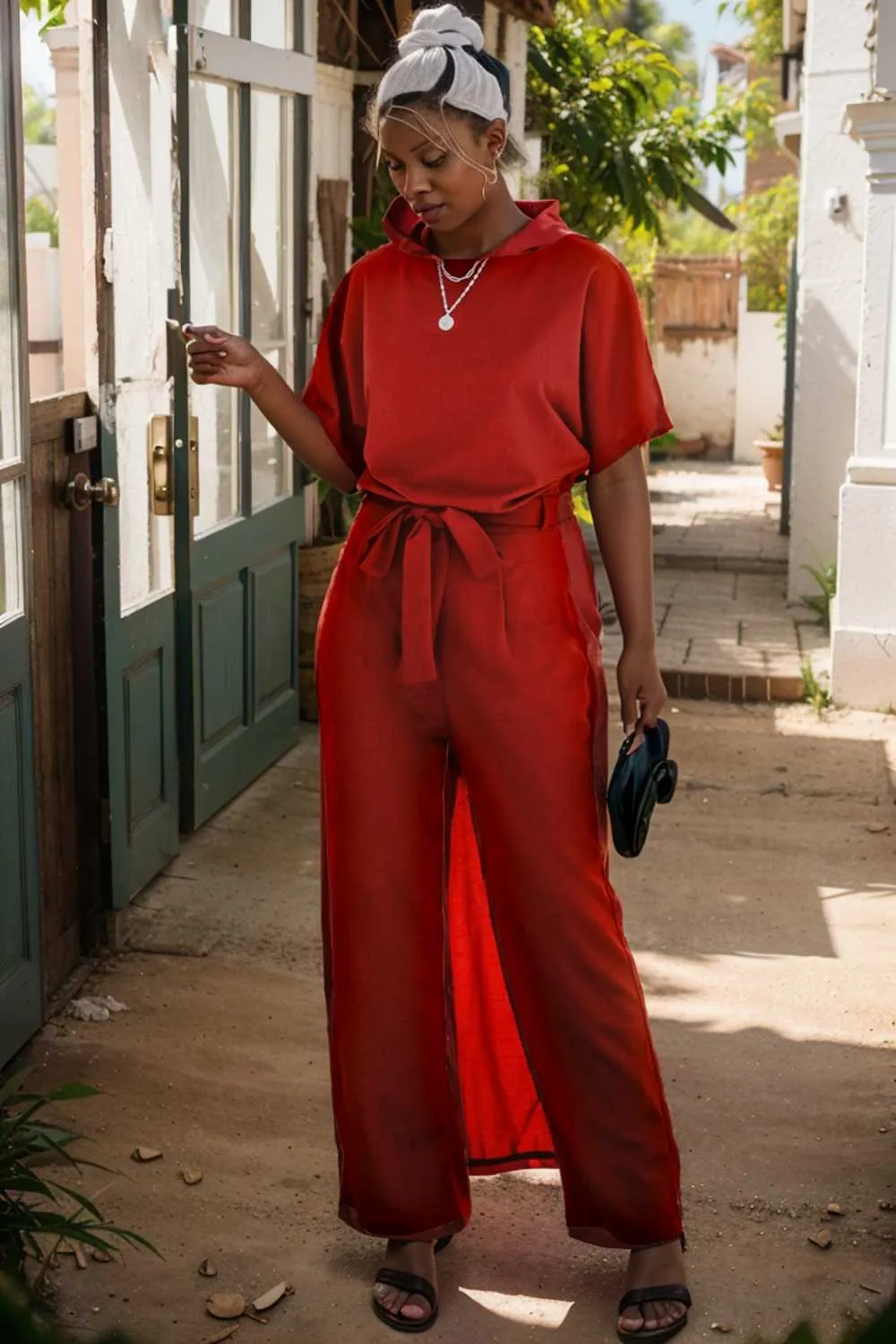 burning red belted wide leg jumpsuit