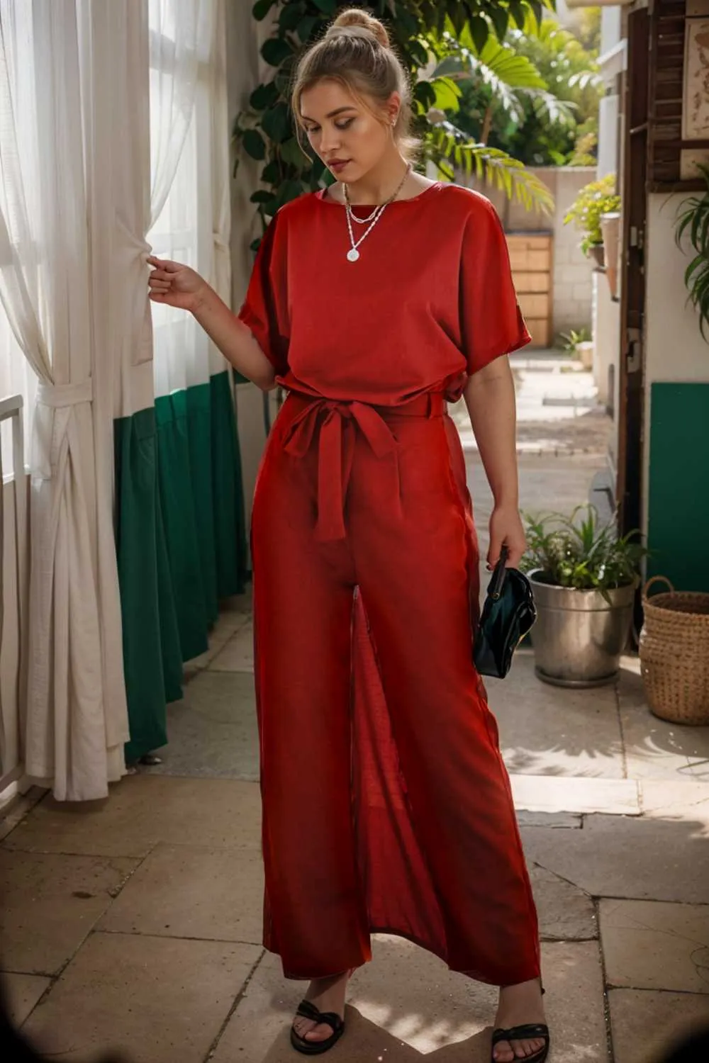 burning red belted wide leg jumpsuit