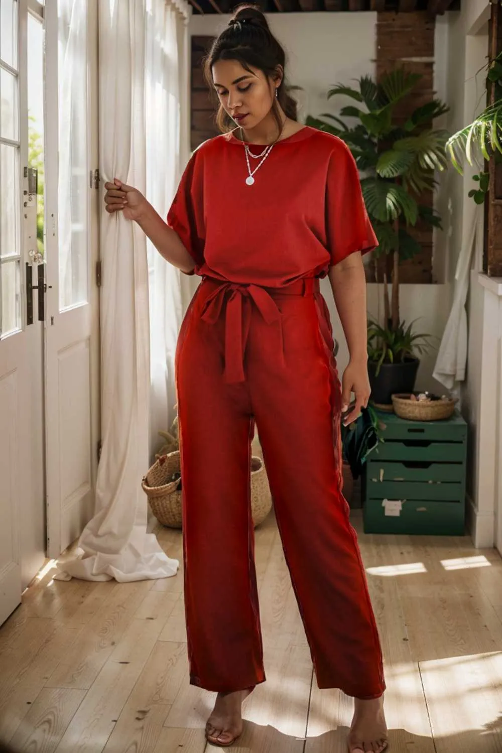burning red belted wide leg jumpsuit