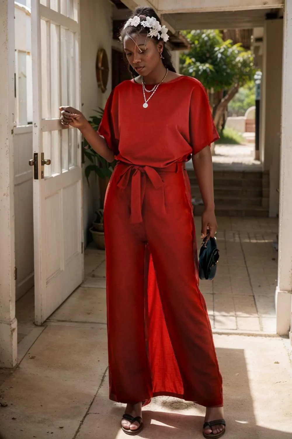 burning red belted wide leg jumpsuit