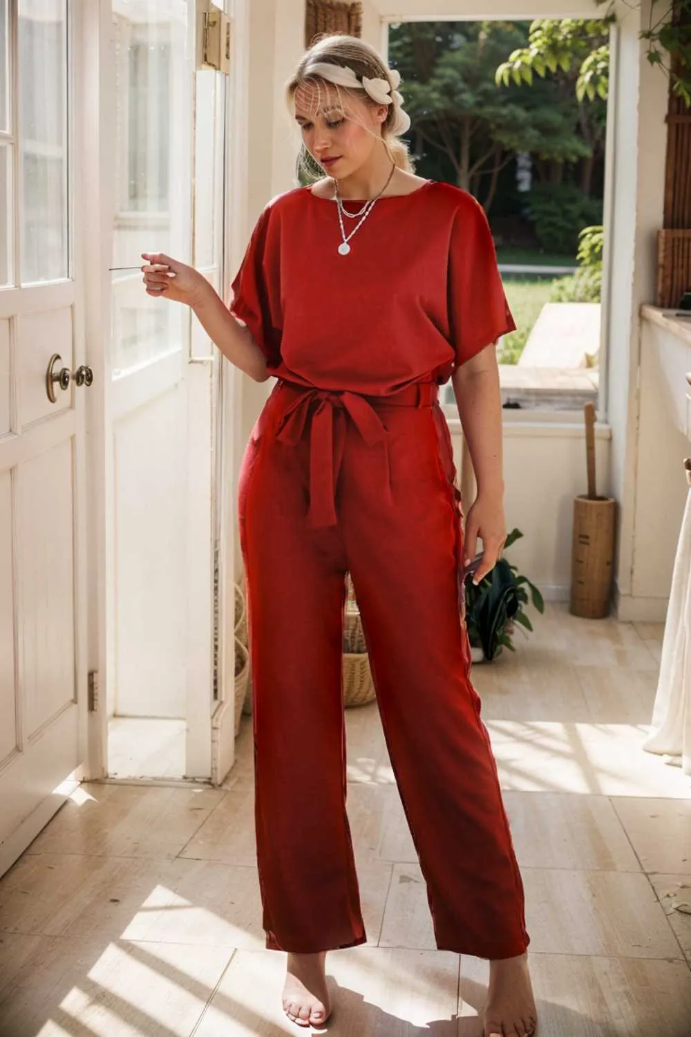 burning red belted wide leg jumpsuit