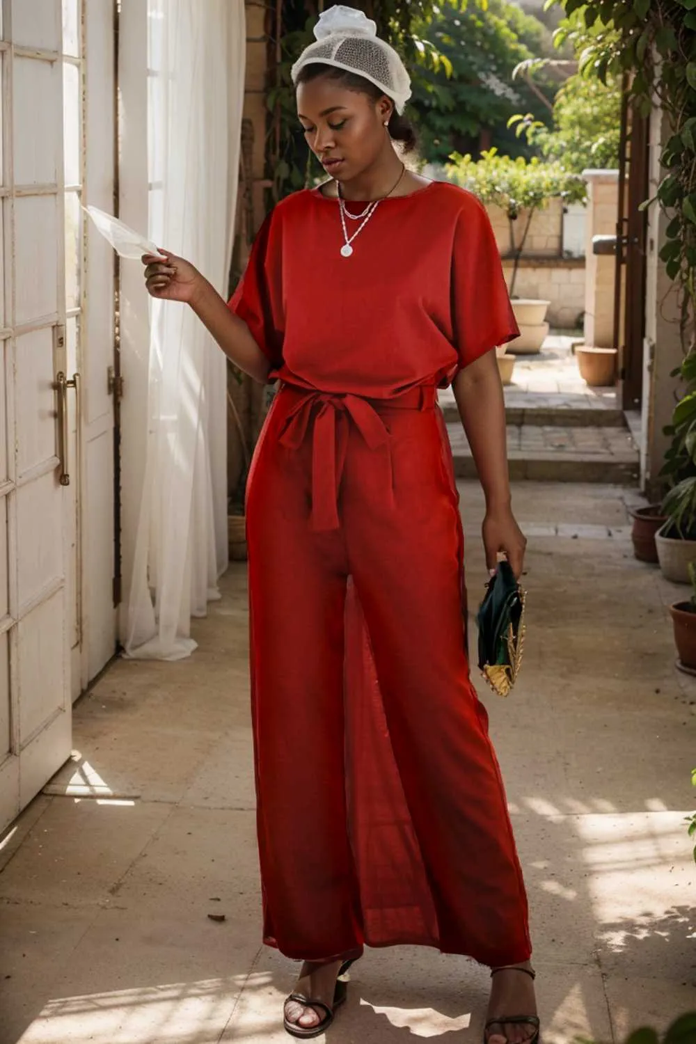burning red belted wide leg jumpsuit