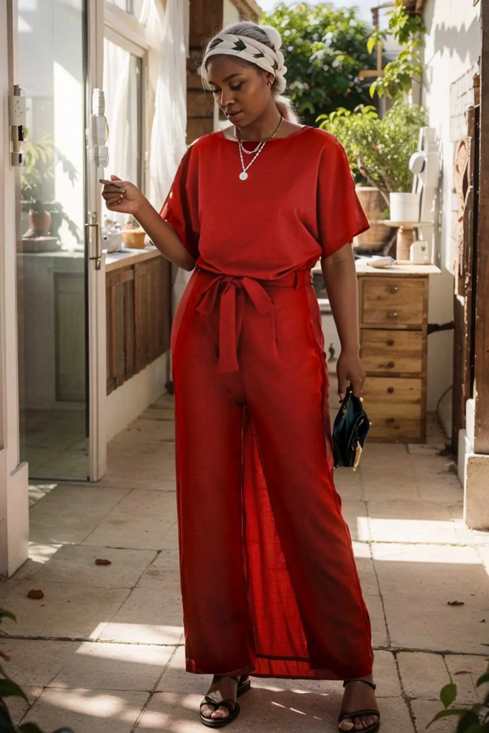 burning red belted wide leg jumpsuit