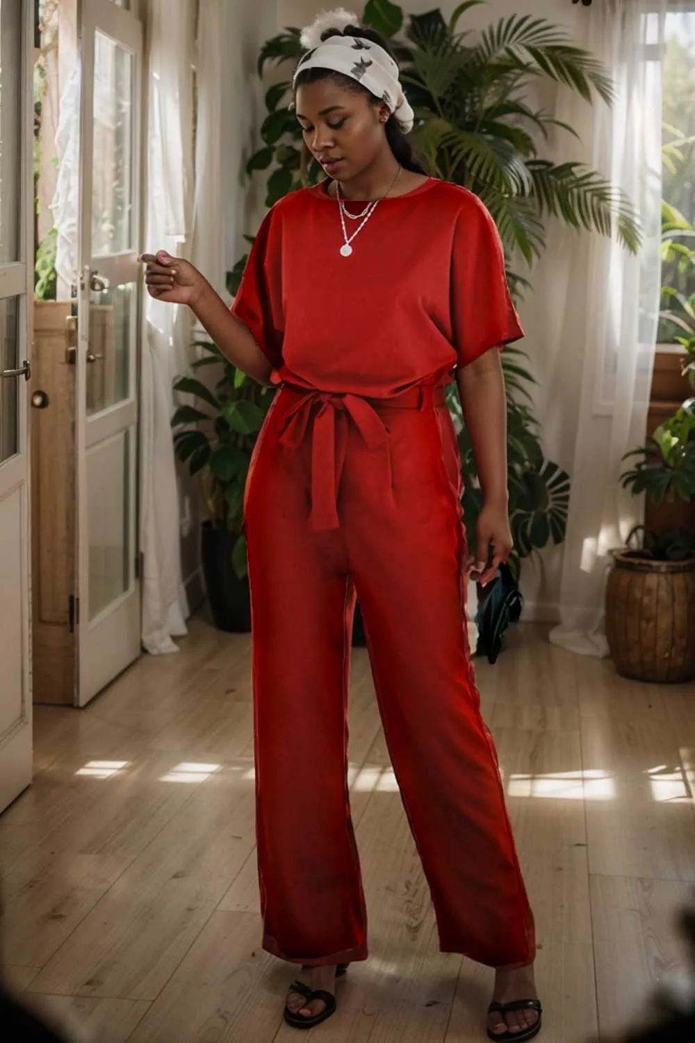 burning red belted wide leg jumpsuit