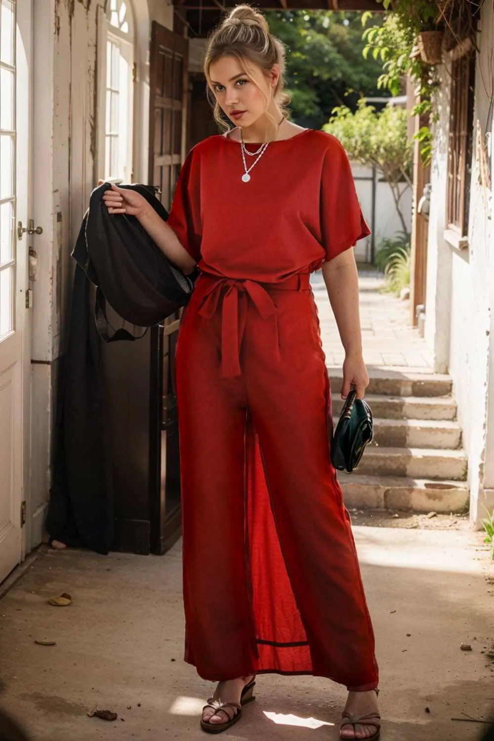 burning red belted wide leg jumpsuit