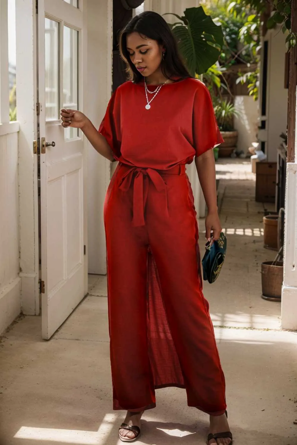 burning red belted wide leg jumpsuit