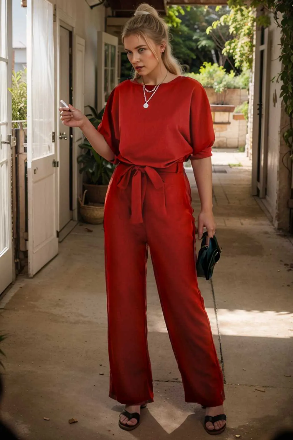burning red belted wide leg jumpsuit