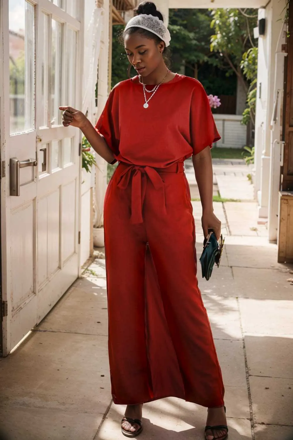 burning red belted wide leg jumpsuit