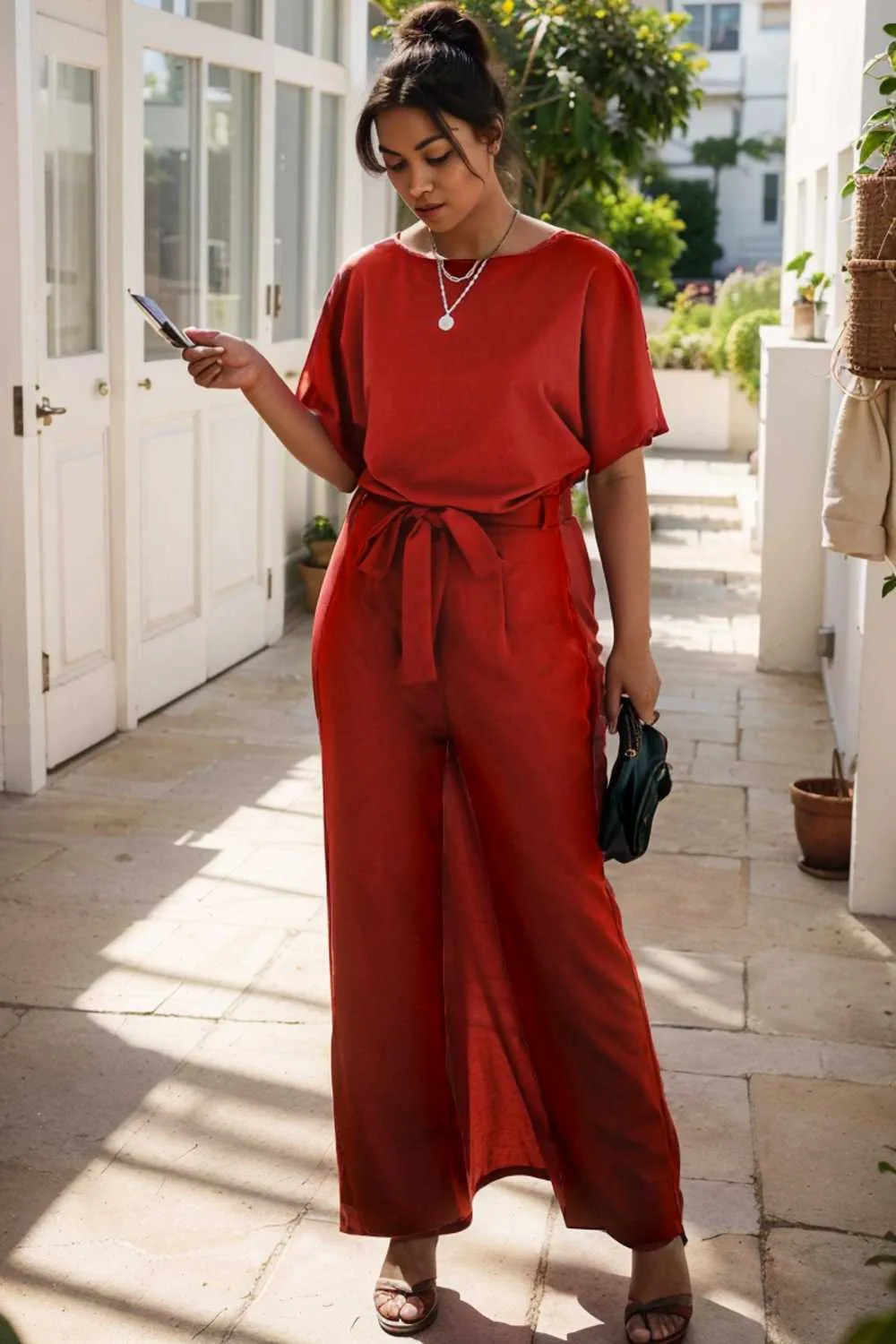 burning red belted wide leg jumpsuit