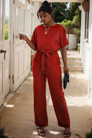 burning red belted wide leg jumpsuit