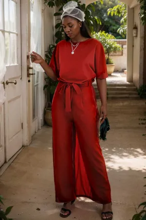 burning red belted wide leg jumpsuit