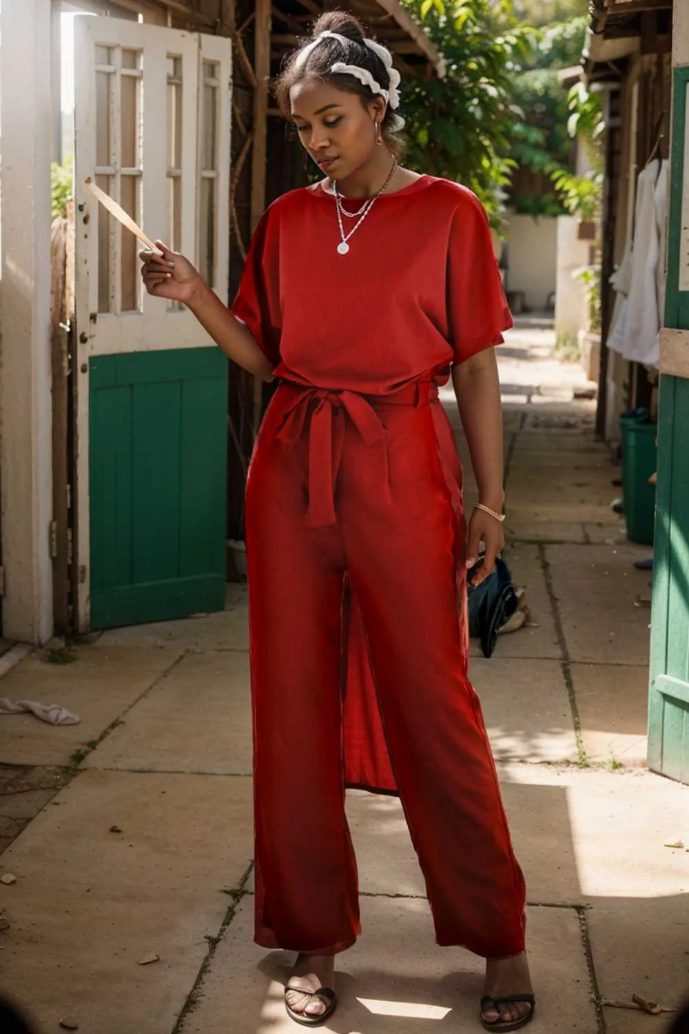 burning red belted wide leg jumpsuit