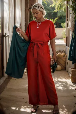 burning red belted wide leg jumpsuit