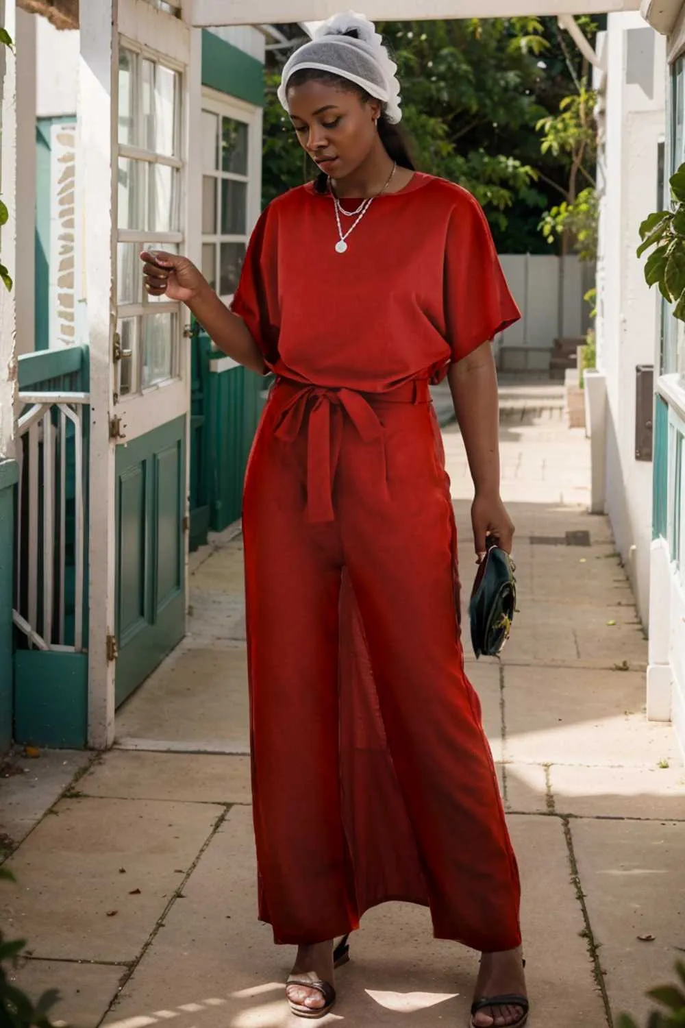 burning red belted wide leg jumpsuit