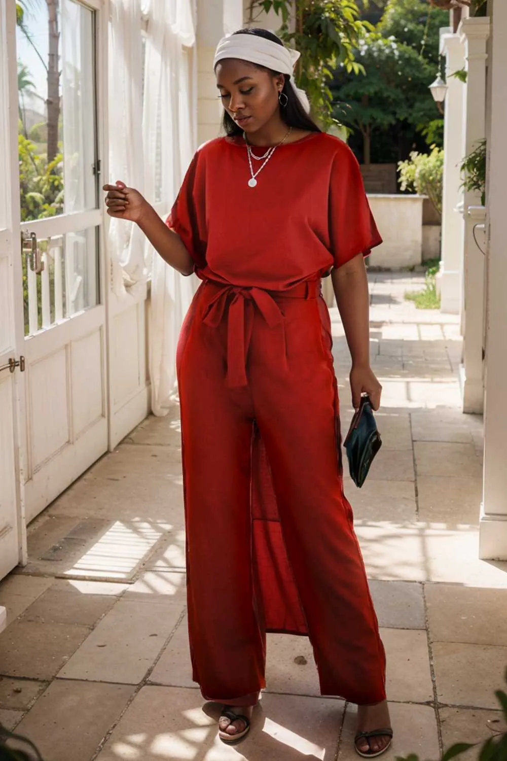 burning red belted wide leg jumpsuit