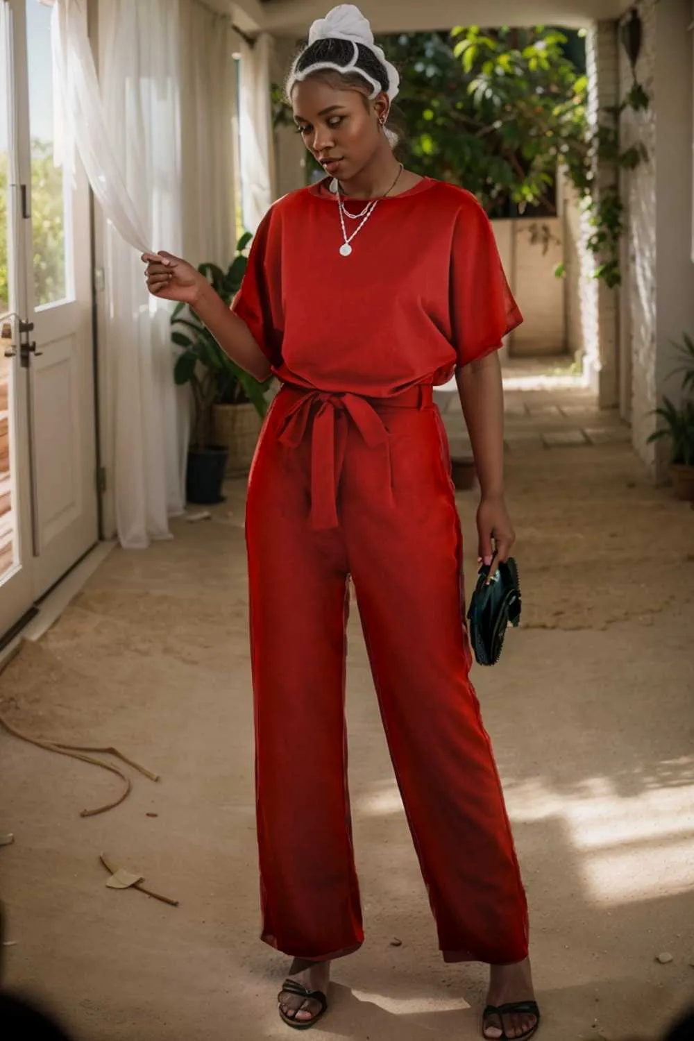 burning red belted wide leg jumpsuit