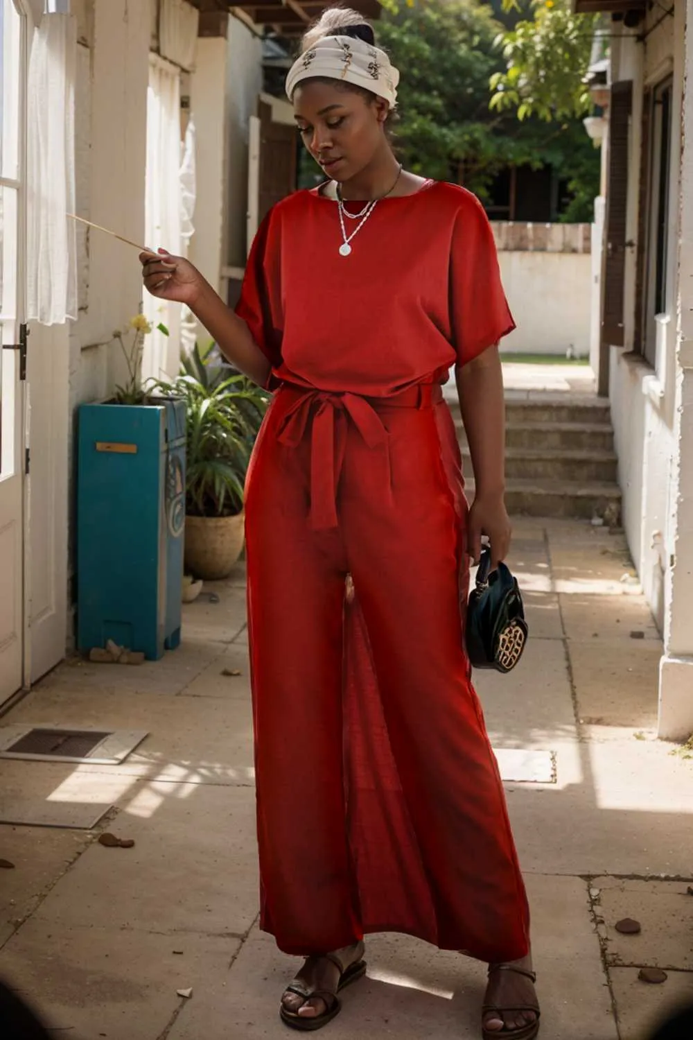burning red belted wide leg jumpsuit